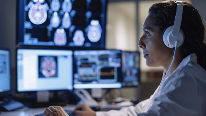 Medical professional analyzing Artificial Intelligence-powered diagnostic images on multiple screens in a healthcare setting.