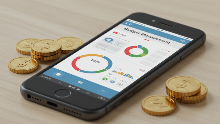 A smartphone displaying a Budget Management App interface, showing financial data and visualizations like pie charts and expense tracking.