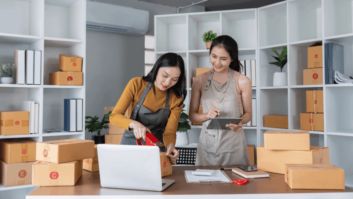 A clean and organized warehouse showing the efficient logistics and fulfillment process for an e-commerce business.