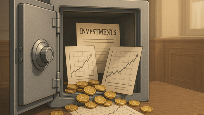 Open safe with euro coins and financial charts symbolizing stable returns and low-risk investment options.