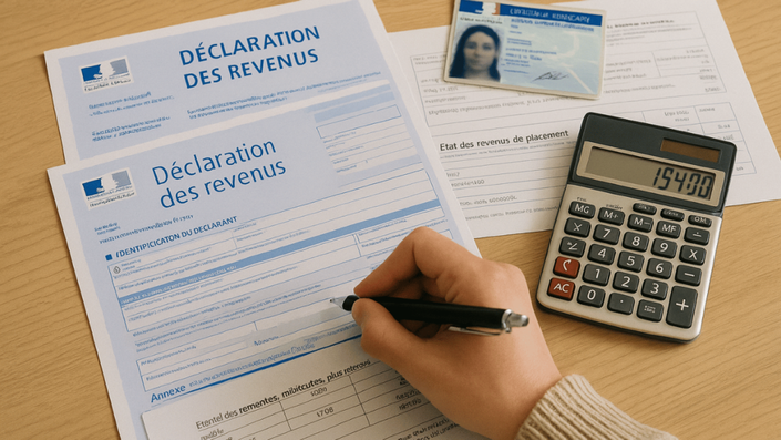 Micro Entrepreneur filling out French tax forms at home with ID and calculator.