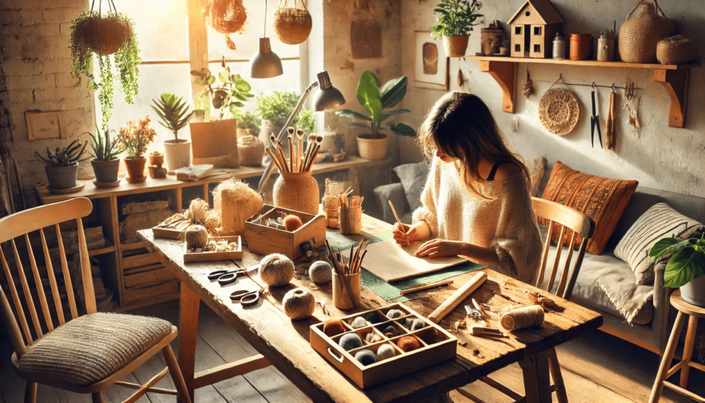 A cozy home setup showing someone working on a DIY project, such as crafting or gardening, with a caption emphasizing creativity and cost savings.