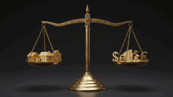 A classic balancing scale in perfect equilibrium, with gold on one side and various currency symbols on the other, illustrating the stability achieved through diversification in a Resilient Portfolio.