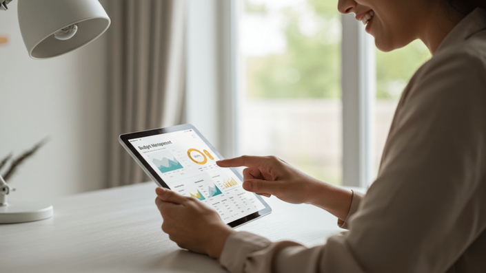 A person interacting with a Budget Management App on a tablet, examining financial data, charts, and budget tracking features.